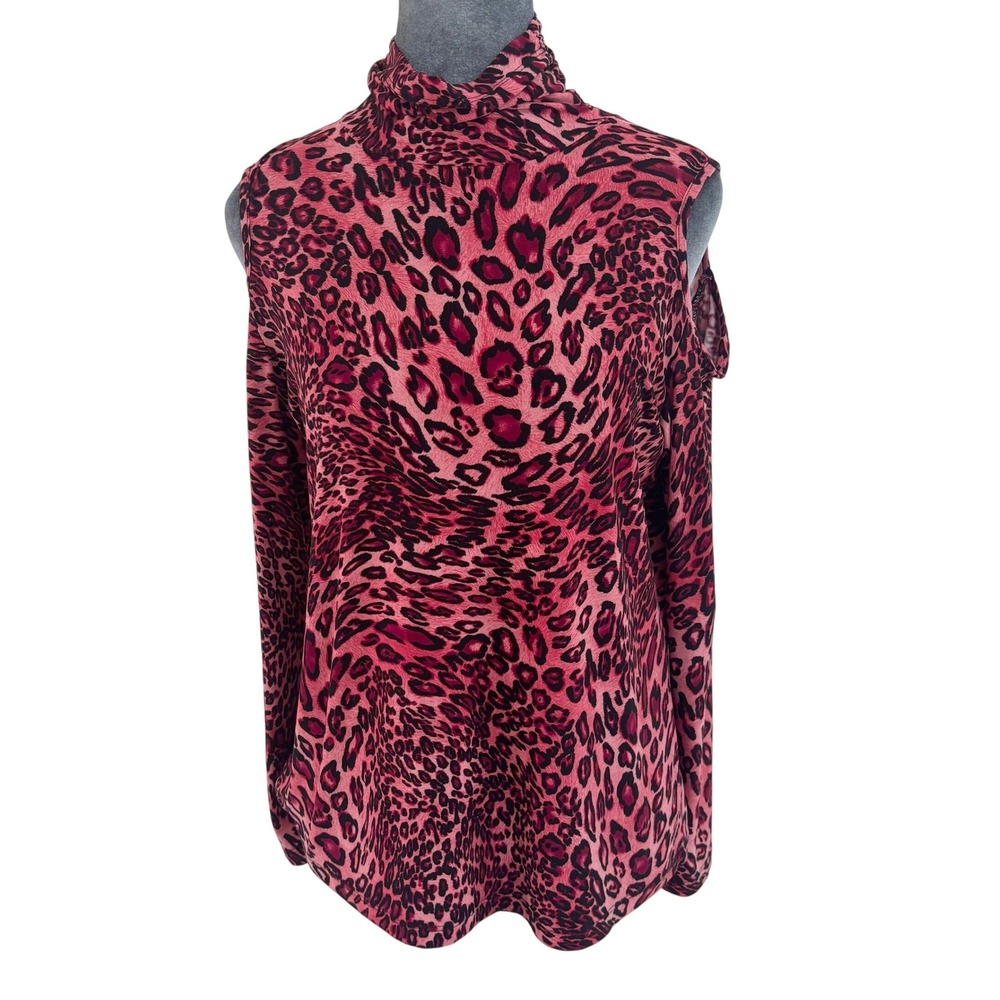SIMONTON Says Mob Wife Glam Hot Pink Leopard Print Cold Shoulder Mock Neck Top M